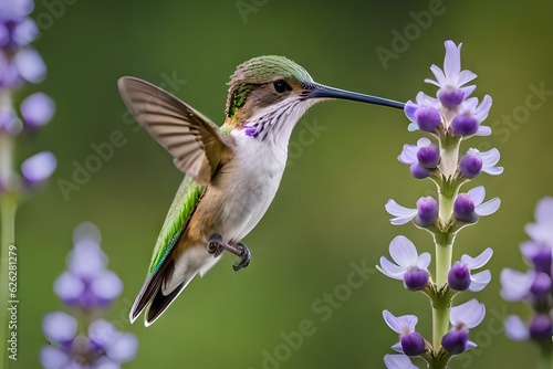 A female calliope hummingbird, selasphorus calliope, starts to drink the nectar from a lavendar flower photo