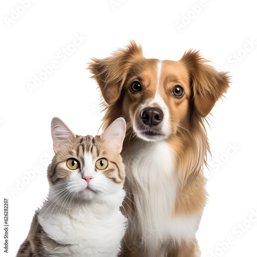 Portrait of a dog and a cat looking at the camera on a white background