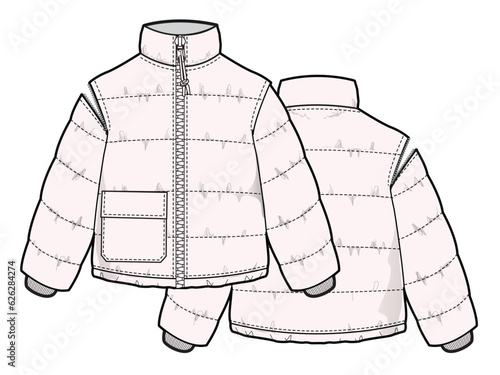 kids puffer jacket flat drawing vector mockup template