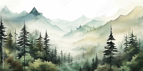 Serene Watercolor Forest Landscape with Majestic Mountains, Pine Trees, and Lush Greenery. Finest generative AI photo