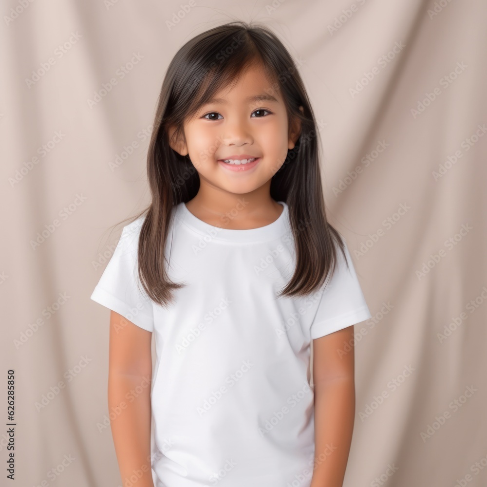 Little pretty girl smiling model posing at camera in bright studio. Generative AI Little pretty girl smiling model posing at camera in bright studio. Generative AI