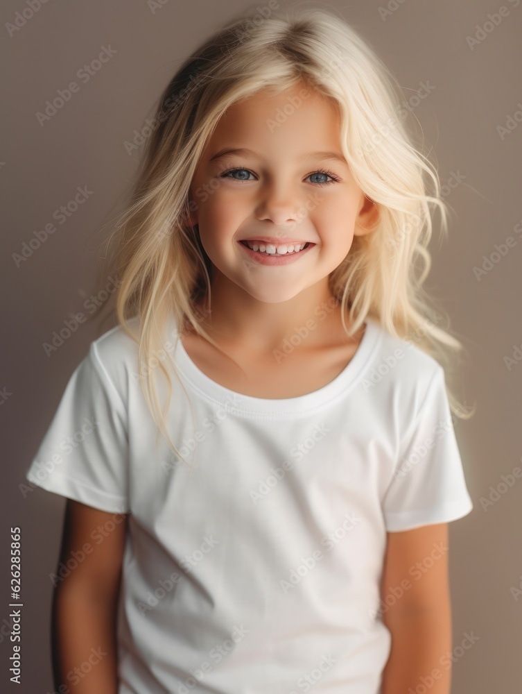 Little pretty girl smiling model posing at camera in bright studio. Generative AI Little pretty girl smiling model posing at camera in bright studio. Generative AI