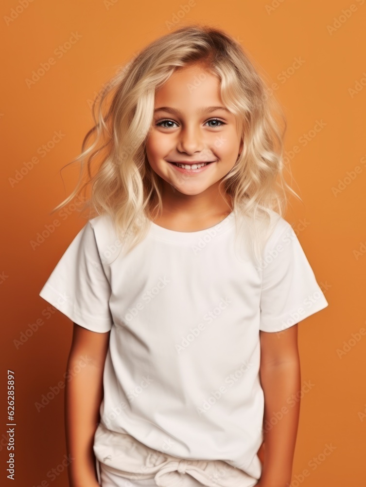 Little pretty girl smiling model posing at camera in bright studio. Little pretty girl smiling model posing at camera in bright studio.