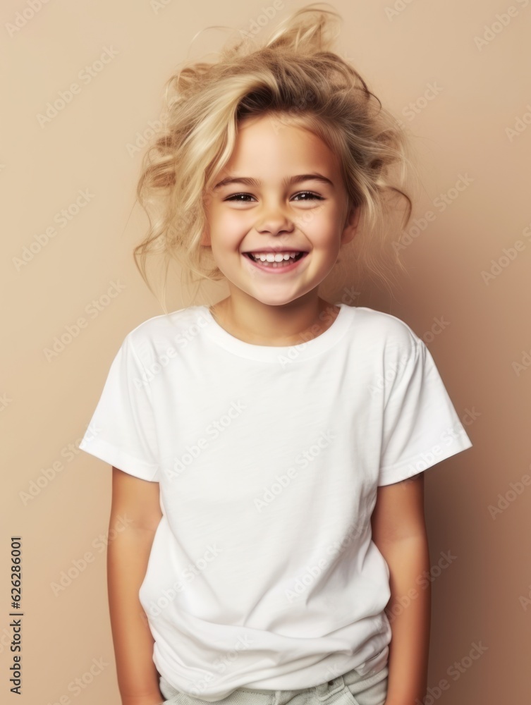Little pretty girl smiling model posing at camera in bright studio. Generative AI Little pretty girl smiling model posing at camera in bright studio. Generative AI