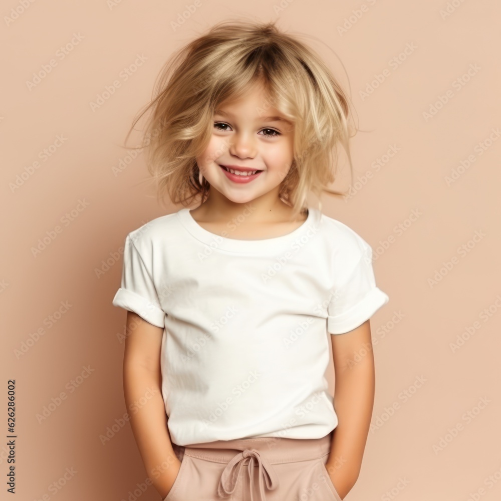 Little pretty girl smiling model posing at camera in bright studio. Generative AI Little pretty girl smiling model posing at camera in bright studio. Generative AI