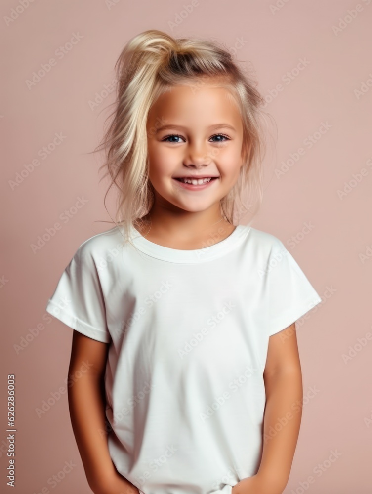 Little pretty girl smiling model posing at camera in bright studio. Generative AI Little pretty girl smiling model posing at camera in bright studio. Generative AI
