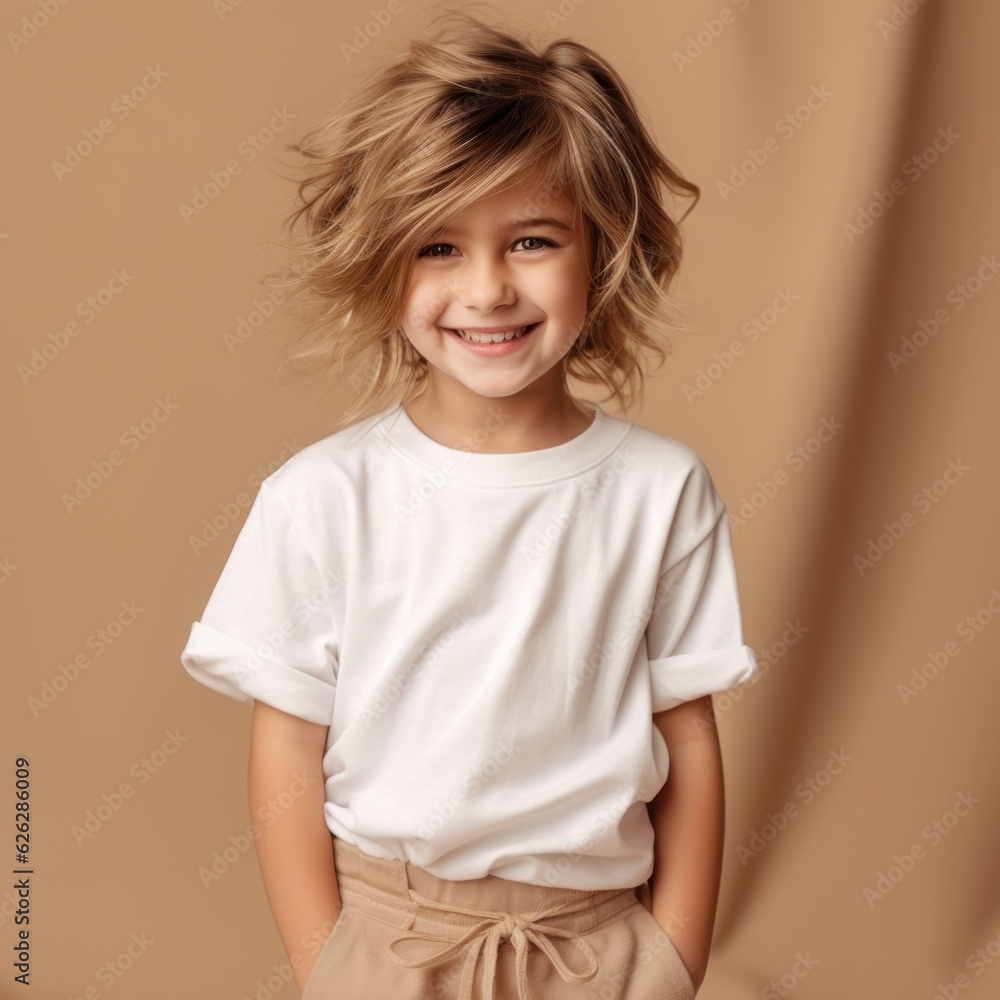 Little pretty girl smiling model posing at camera in bright studio. Generative AI Little pretty girl smiling model posing at camera in bright studio. Generative AI