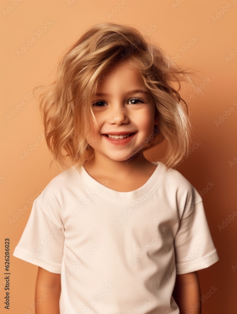 Little pretty girl smiling model posing at camera in bright studio. Generative AI Little pretty girl smiling model posing at camera in bright studio. Generative AI