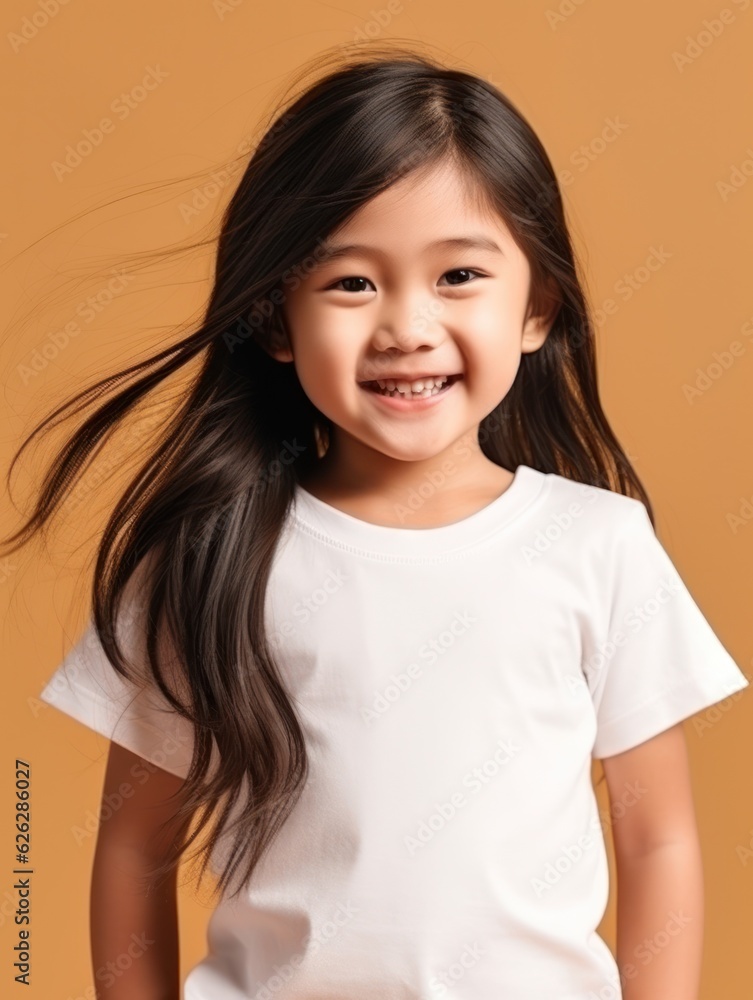 Little pretty girl smiling model posing at camera in bright studio. Generative AI Little pretty girl smiling model posing at camera in bright studio. Generative AI