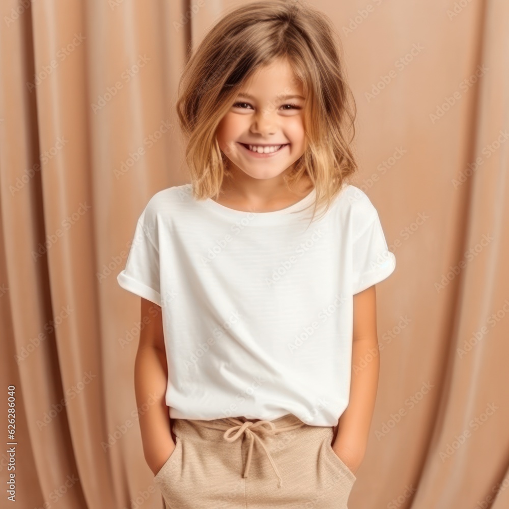 Little pretty girl smiling model posing at camera in bright studio. Generative AI Little pretty girl smiling model posing at camera in bright studio. Generative AI