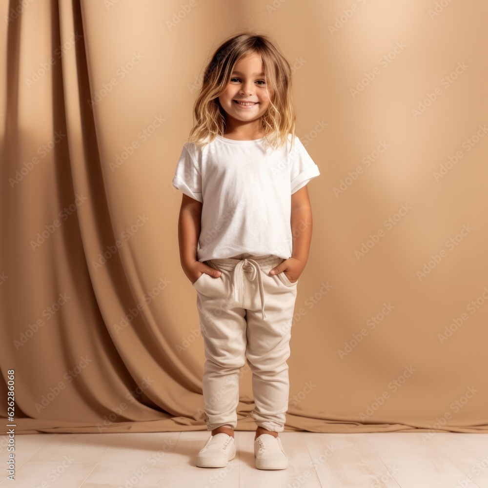 Little pretty girl smiling model posing at camera in bright studio. Generative AI Little pretty girl smiling model posing at camera in bright studio. Generative AI