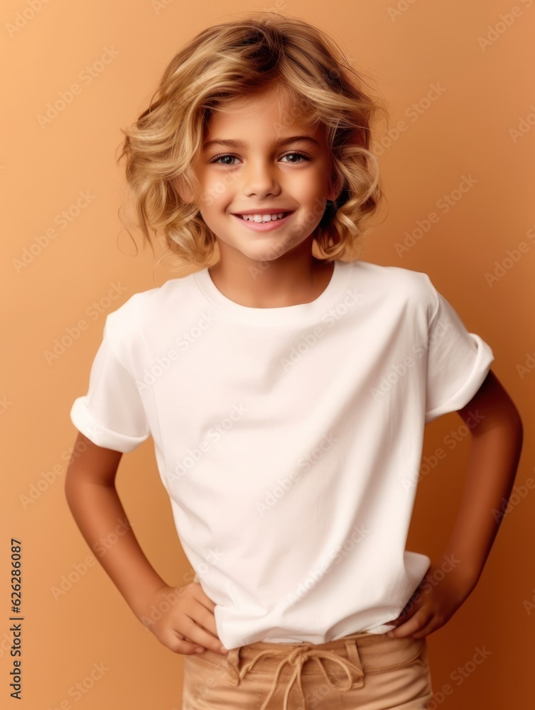 Little pretty girl smiling model posing at camera in bright studio. Generative AI Little pretty girl smiling model posing at camera in bright studio. Generative AI