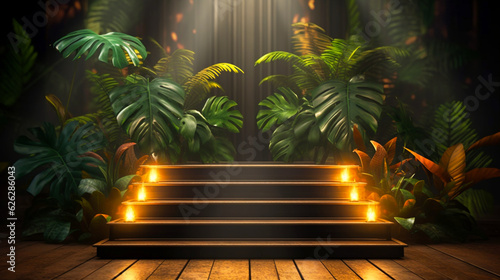 Empty gold stage or podium for product presentation. Green tropical leaves background  shiny beams light.  Generative AI