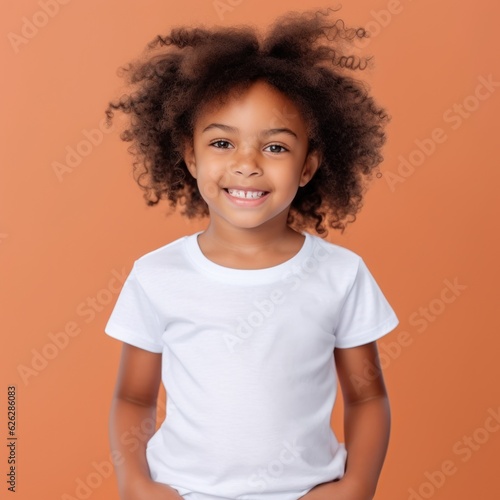 Little pretty girl smiling model posing at camera in bright studio. Generative AI © Viktor