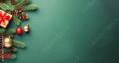 Green Christmas background with Christmas balls, gifts and fir tree branches. X-Mas concept banner with negative space.