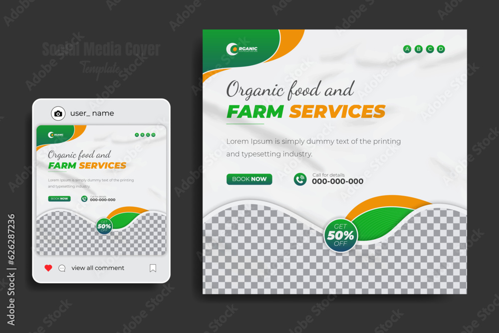 Organic food, agriculture and farming services social media cover or post and web banner design template with geometric green gradient color shapes