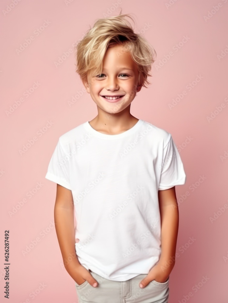 Little pretty boy smiling model posing at camera in bright studio. Generative AI Little pretty boy smiling model posing at camera in bright studio. Generative AI