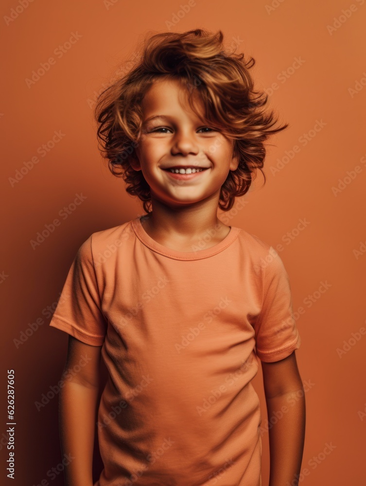 Little pretty boy smiling model posing at camera in bright studio. Generative AI Little pretty boy smiling model posing at camera in bright studio. Generative AI