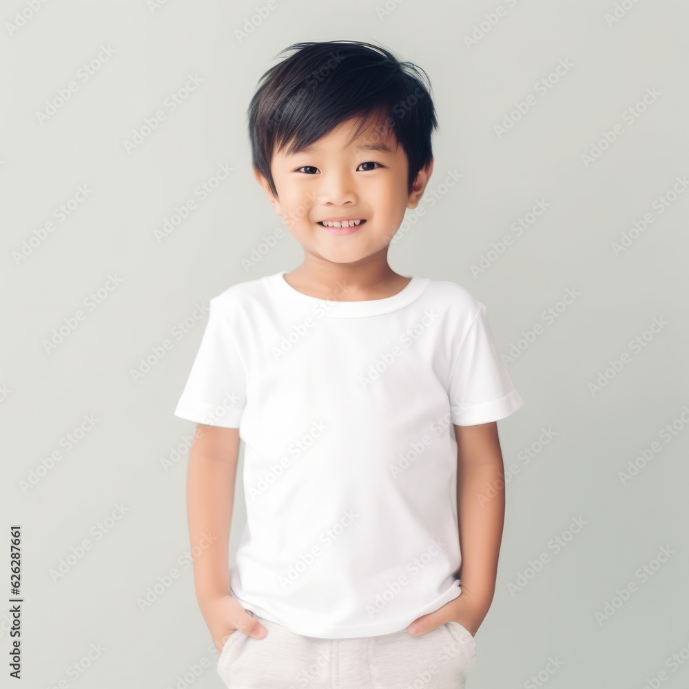 Little pretty boy smiling model posing at camera in bright studio. Generative AI Little pretty boy smiling model posing at camera in bright studio. Generative AI