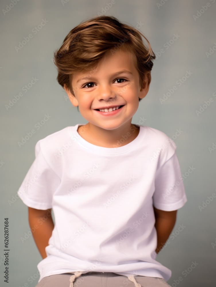 Little pretty boy smiling model posing at camera in bright studio. Generative AI Little pretty boy smiling model posing at camera in bright studio. Generative AI