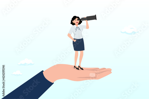 Confidence businesswoman with telescope on giant hand empower her to see future business visionary, looking for career opportunity, female or woman leadership, business direction or discovery (Vector)