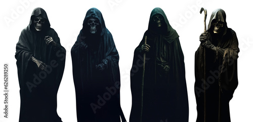set of grim reaper. black cloak. skull face. evil looking demon. silhouette. transparent PNG file. photo