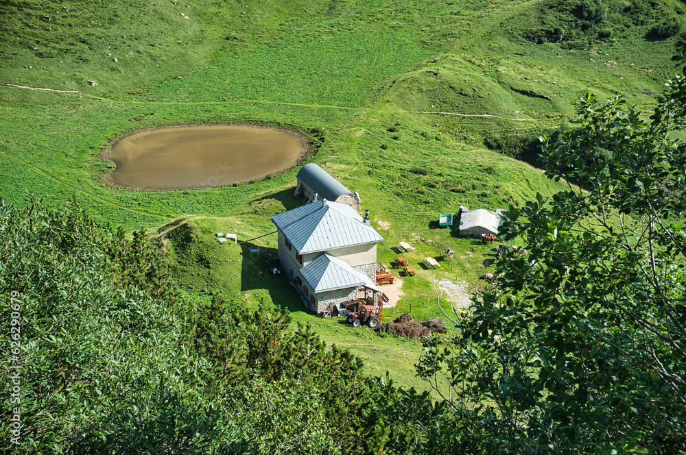 Φωτογραφία Alpine dairy for artisanal, sustainable production of cheese, yogurt, and other milk derivatives, in the Lessinia Regional Natural Park, with free-roaming animals grazing