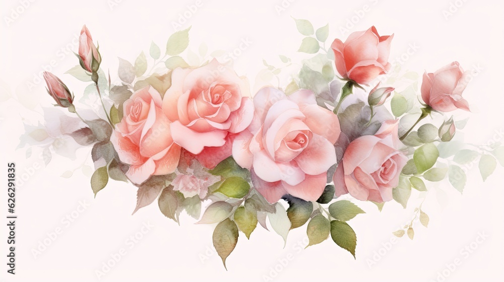 Trendy watercolor rose flowers background. Floral AI illustration. Botanic composition for wedding or greeting card. Design for fabric luxurious and wallpaper, vintage style.