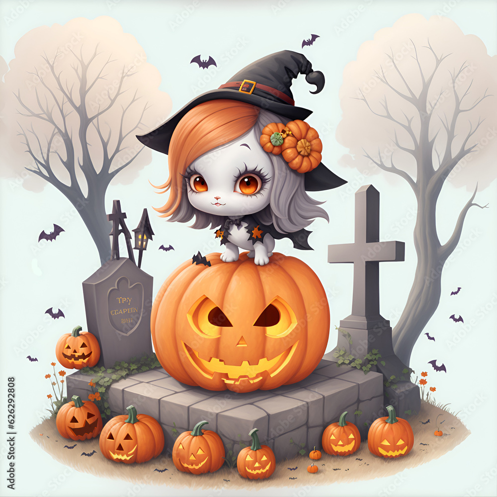 Illustration of cute cartoon halloween cute little monster, with pumpkins , bat isolated on brown background. Cute cartoon little monster halloween.