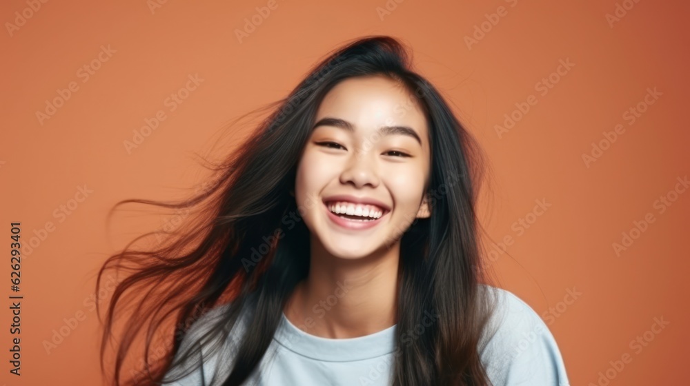 Fototapeta premium Asian Girls' Education. Happy beautiful Asian Girl is smilling on color background. Generative AI
