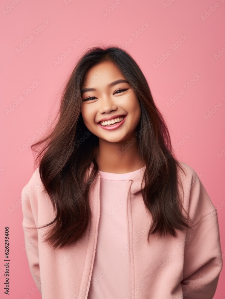 Asian Girls' Education. Happy beautiful Asian Girl is smilling on color background. Generative AI Asian Girls' Education. Happy beautiful Asian Girl is smilling on color background. Generative AI