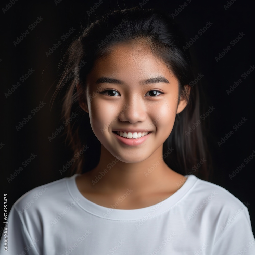 Asian Girls' Education. Happy beautiful Asian Girl is smilling on color background. Generative AI Asian Girls' Education. Happy beautiful Asian Girl is smilling on color background. Generative AI