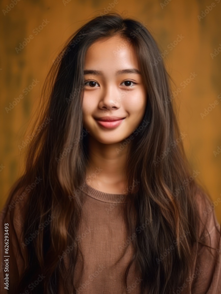 Asian Girls' Education. Happy beautiful Asian Girl is smilling on color background. Generative AI Asian Girls' Education. Happy beautiful Asian Girl is smilling on color background. Generative AI