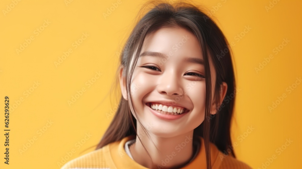 Asian Girls' Education. Happy beautiful Asian Girl is smilling on color background. Generative AI Asian Girls' Education. Happy beautiful Asian Girl is smilling on color background. Generative AI