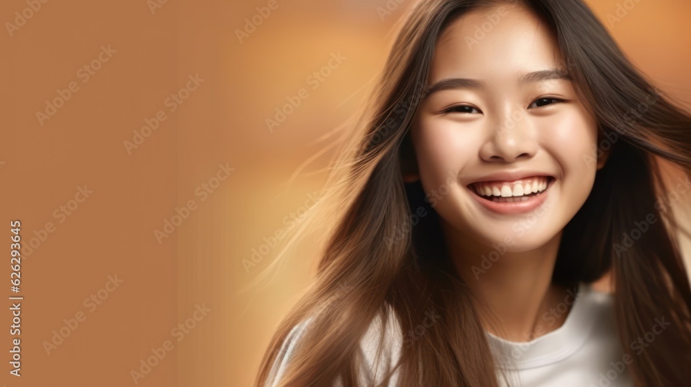 Asian Girls' Education. Happy beautiful Asian Girl is smilling on color background. Generative AI Asian Girls' Education. Happy beautiful Asian Girl is smilling on color background. Generative AI