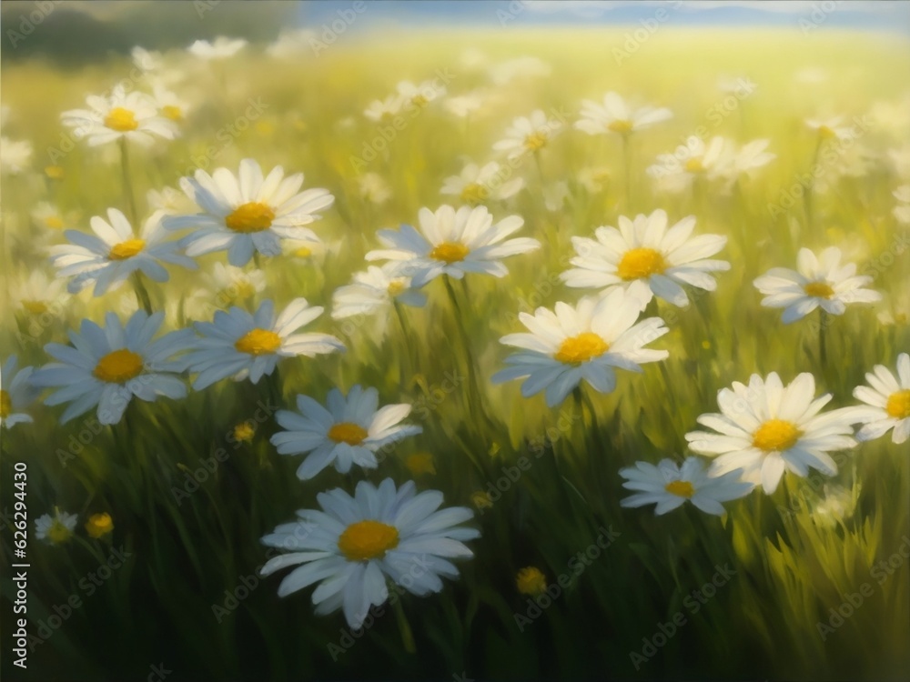 daisy flowers blooming on meadow, sunshine, low eangle, back light, oil painting, realistic