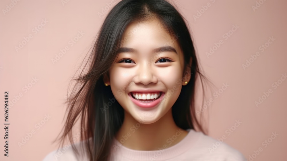 Asian Girls' Education. Happy beautiful Asian Girl is smilling on color background. Generative AI Asian Girls' Education. Happy beautiful Asian Girl is smilling on color background. Generative AI