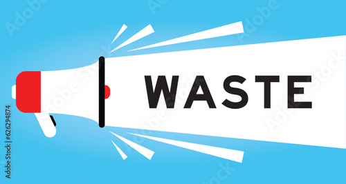 Color megaphone icon with word waste in white banner on blue background
