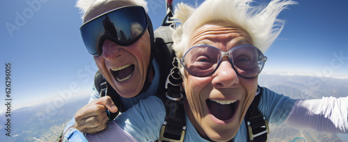 A senior or elderly couple tandem skydiving. Hand edited generative AI.
