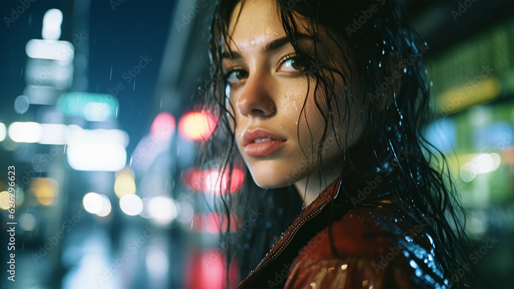 Portrait of a wet woman in the rain under the street light Portrait of a wet woman in the rain under the street light