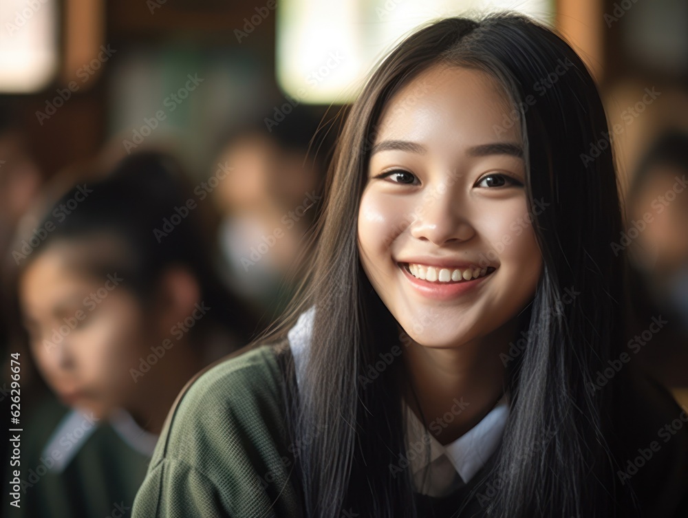 Asian Girls' Education. Happy beautiful Asian Girl is smilling. Generative AI Asian Girls' Education. Happy beautiful Asian Girl is smilling. Generative AI