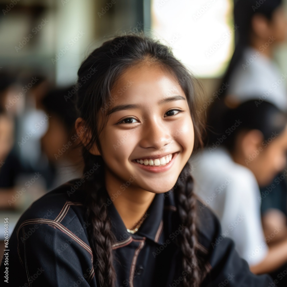 Asian Girls' Education. Happy beautiful Asian Girl is smilling. Generative AI Asian Girls' Education. Happy beautiful Asian Girl is smilling. Generative AI