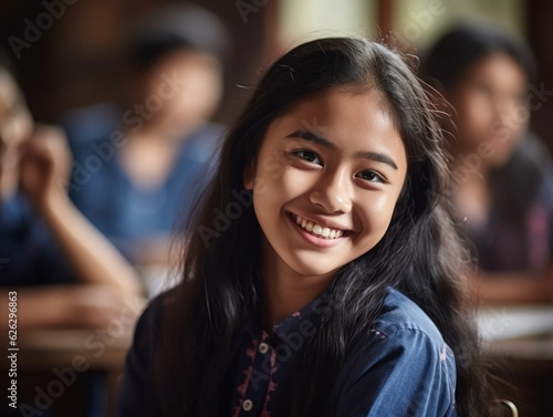 Asian Girls' Education. Happy beautiful Asian Girl is smilling. Generative AI © Viktor
