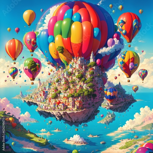 An entire island flies over the sea by means of a huge air balloon surrounded by small air balloons in a wonderful view
