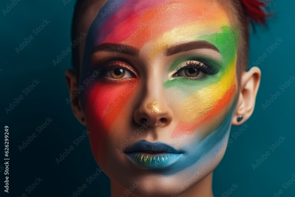 Female face closeup painted with rainbow lgbtq flag colors