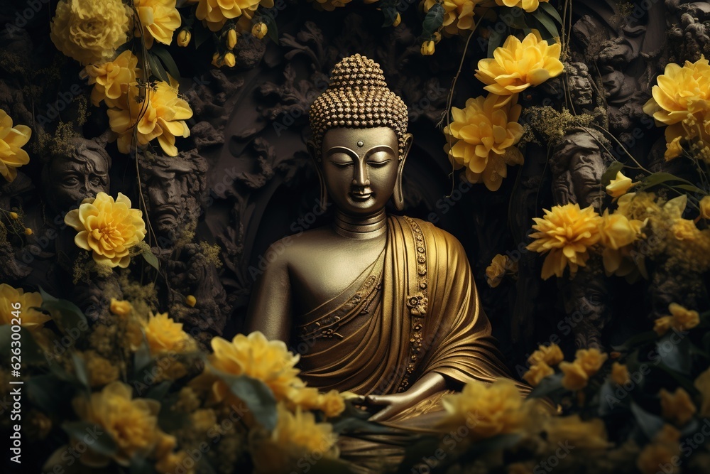 Buddha statue with yellow flowers on black background.Generative Ai