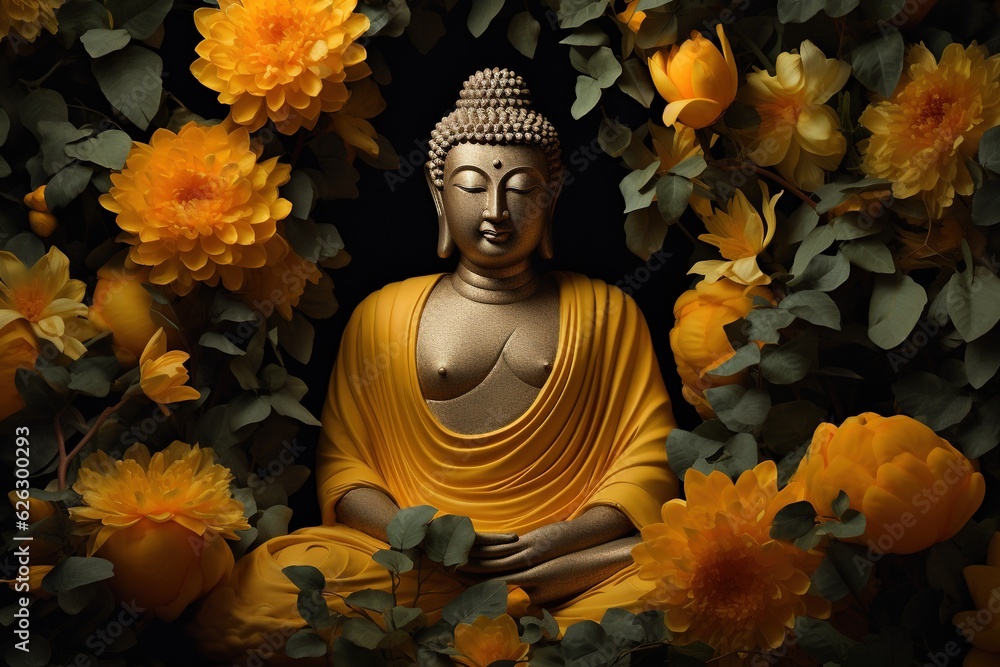 Buddha statue with yellow flowers on black background.Generative Ai