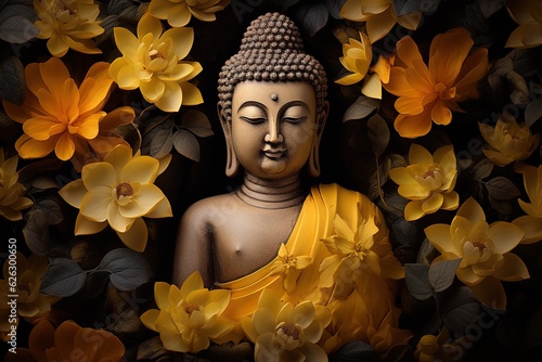 Buddha statue with yellow flowers on black background.Generative Ai
