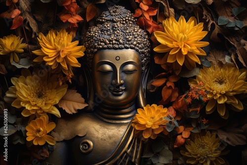 Buddha statue with yellow flowers on black background.Generative Ai photo