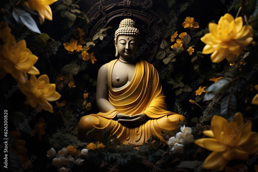 Fototapeta premium Buddha statue with yellow flowers on black background.Generative Ai